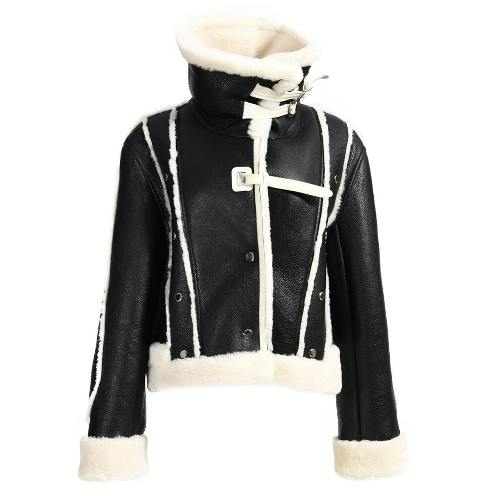 Genuine Leather Shearling Double Face Fur Coat