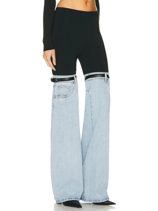 Spliced Buckle Thigh Denim Wide Leg Pants