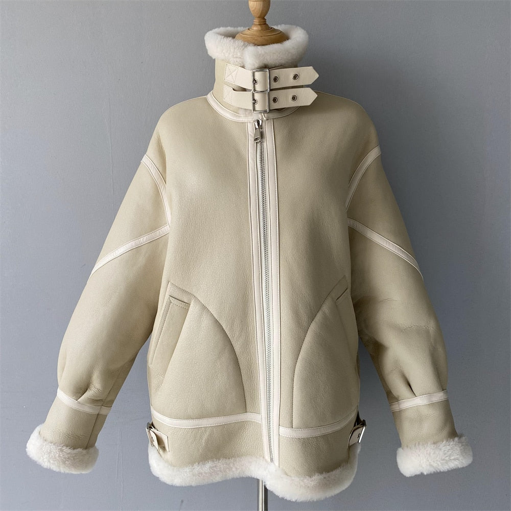 Cream Genuine Leather Coat Shearling Liner Oversized