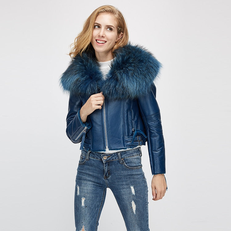 Genuine Leather Moto Jackets Big Fur Collar Wool Liner