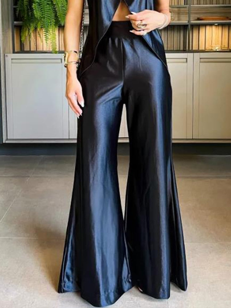 Sleeveless Hollow Belly Top And Wide Leg Pants