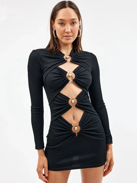 Sleeved Hollow Metal Ring Mini Dresses