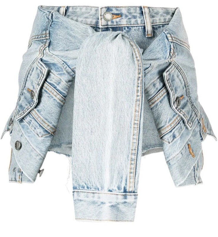 Jacket Tie Style Irregular Denim Shorts