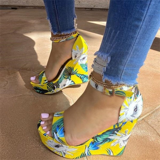 Flowers Open Toe High Wedge Sandals