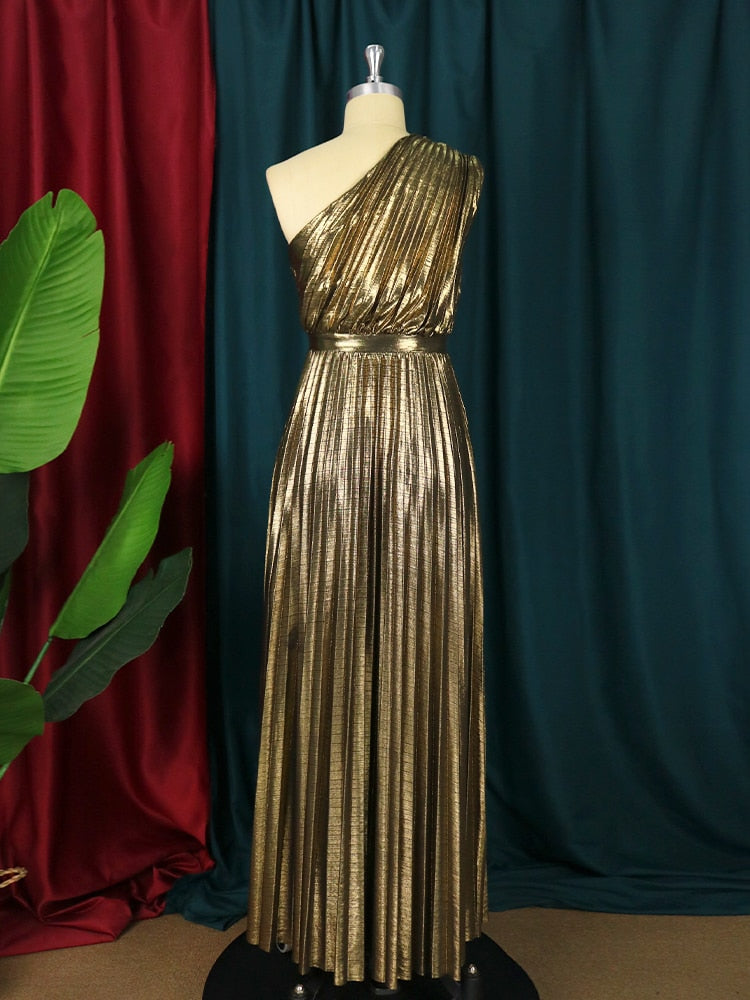 Metallic Pleated One Shoulder Sleeveless Maxi Dress