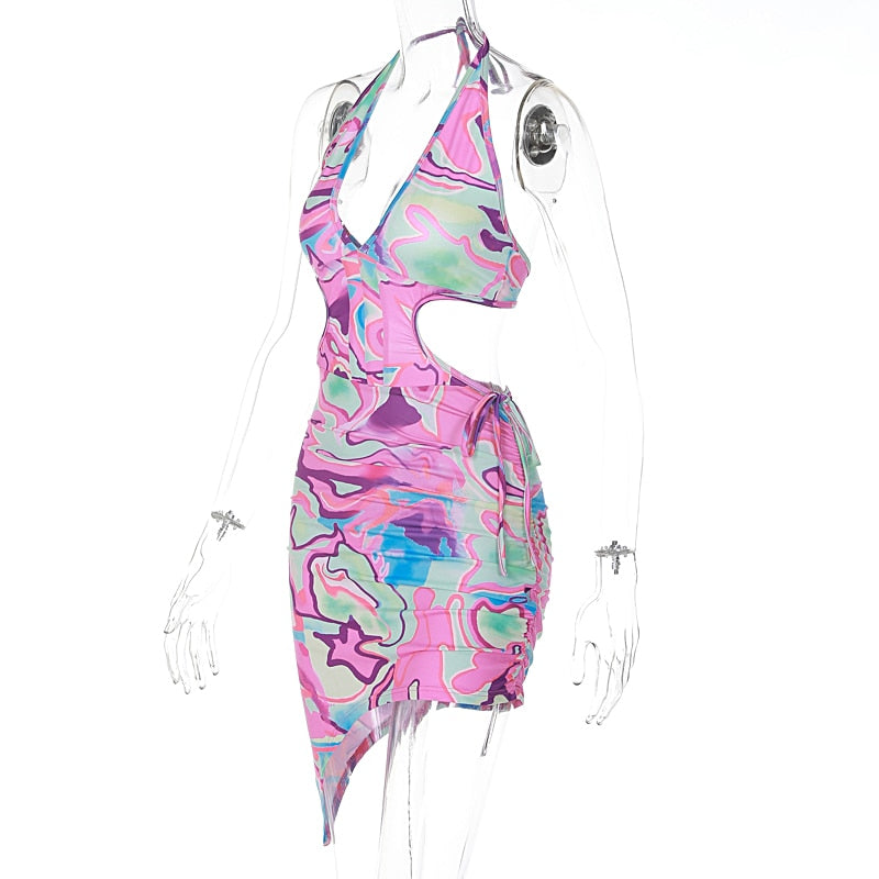 Tie-dye Hollow Sides Bodycon Backless Mini Dress