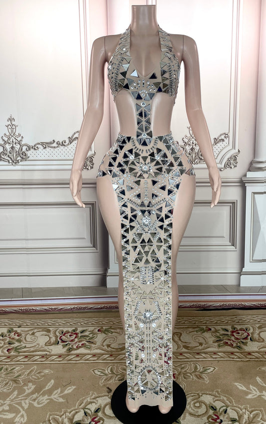 Triangle Silver Mirror Rhinestone Hollow Dress