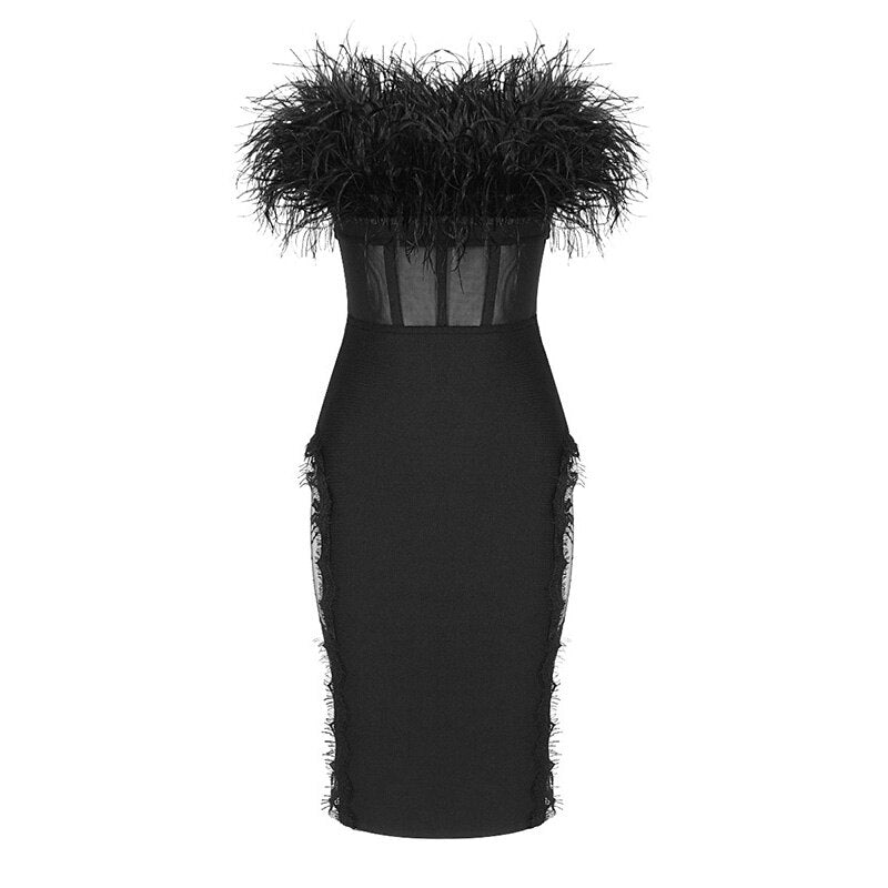 Natural Feather Strapless Lace Tube Mini Dress