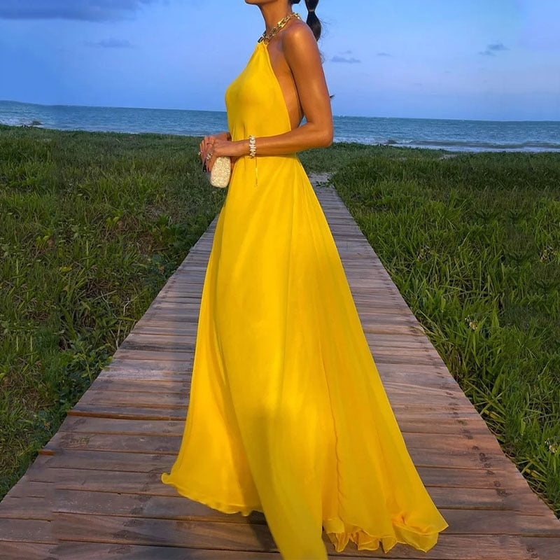 Yellow Chain Halter Backless Maxi Dress