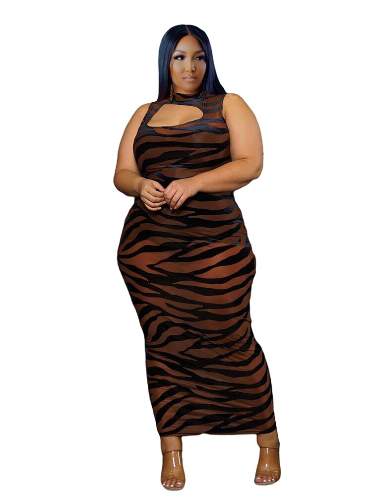 Zebra Print Sleeveless Maxi Dresses Plus Size