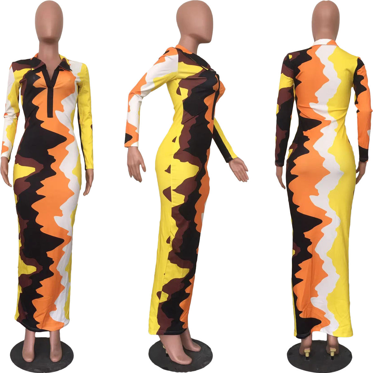 Color Wave Long Sleeve Turn-down Collar Maxi Dress