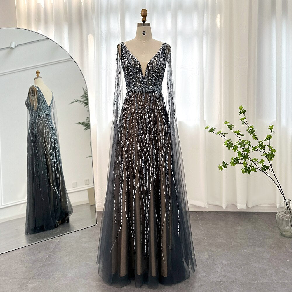 Crystal Stone Drip Mesh Sleeve Drape Gowns