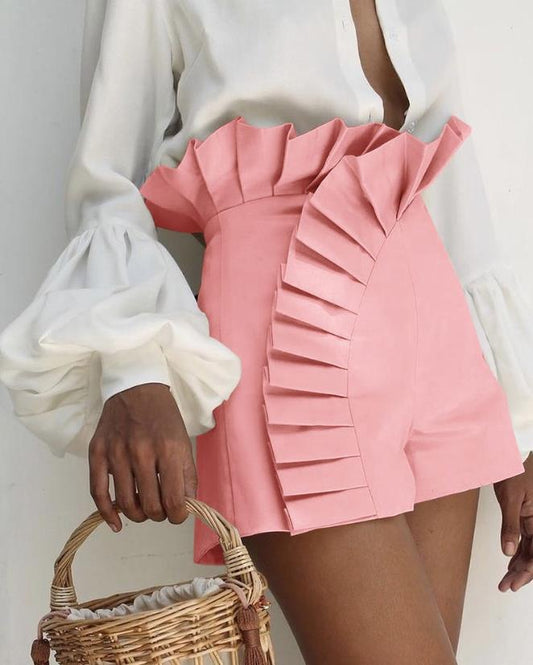 Ruffle Hem Ruched High Waist Shorts