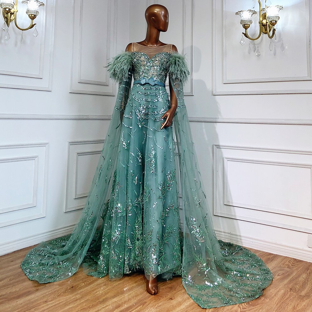 Feather Capes Sleeve Sequin Beaded Floor-Length Dress
