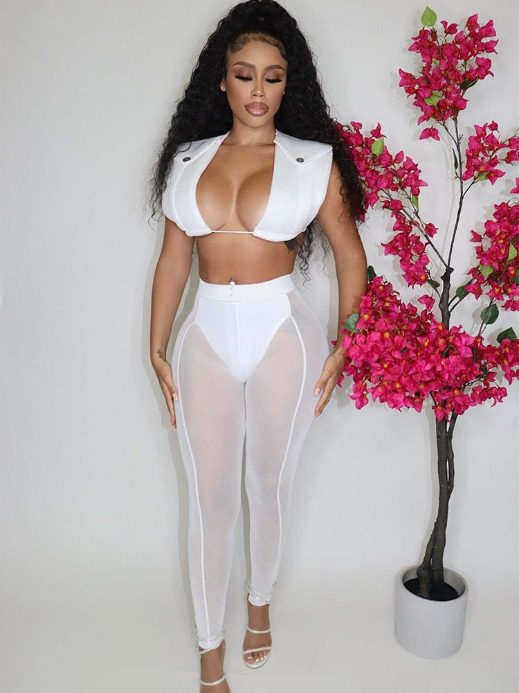 Mesh Sleeveless Crop Top High Waist Pants Sets