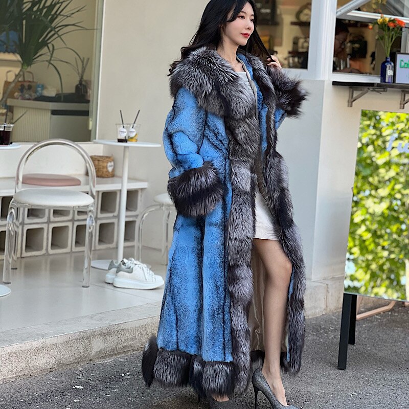 Luxury Real Rabbit Fur X-Long Coats Real Fur Lapel Collar