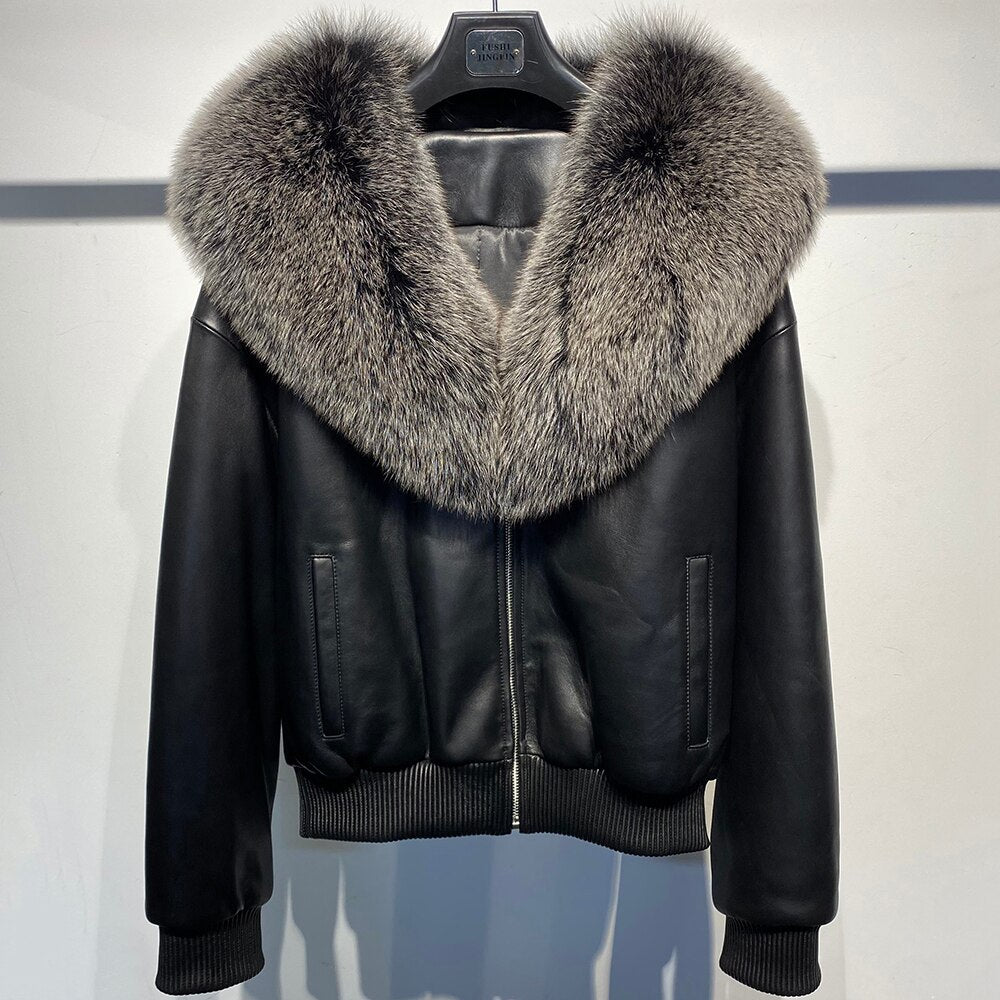 Genuine Leather Jacket Real Fur Collar
