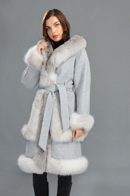 Cashmere Coats Real Fur Trim Long Trench Coats