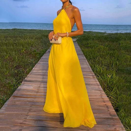 Yellow Chain Halter Backless Maxi Dress