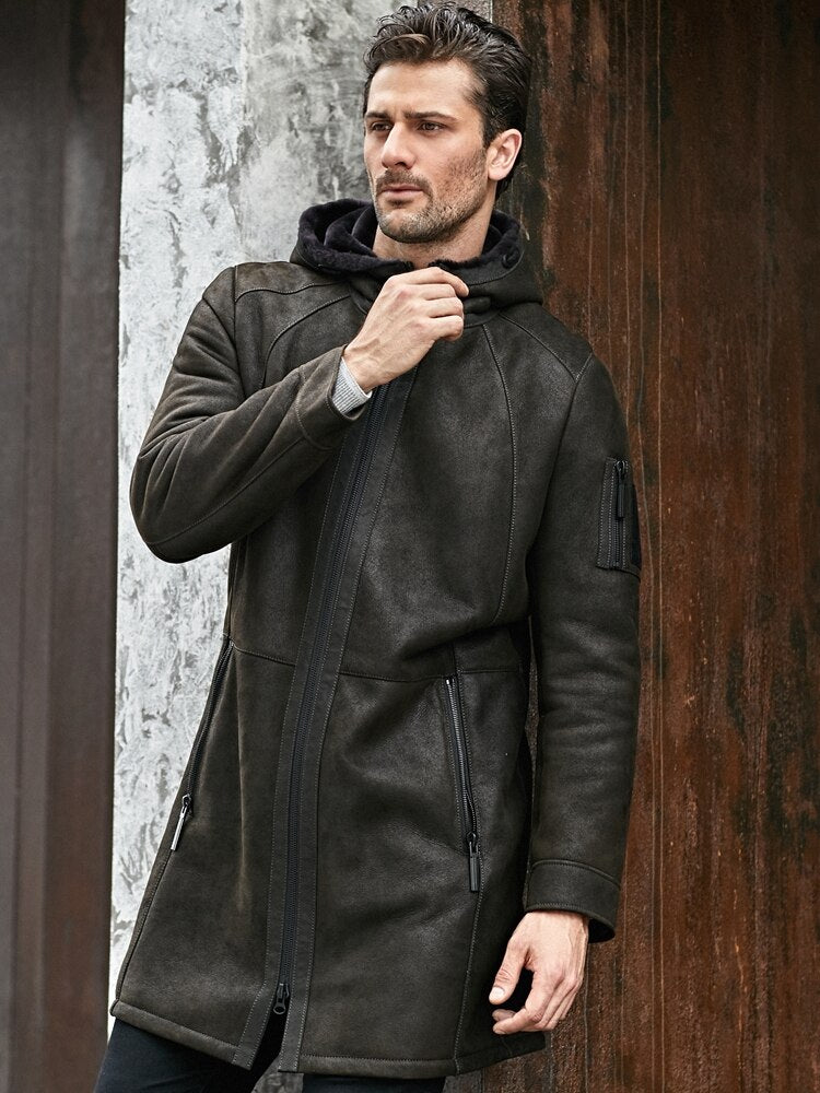 Genuine Leather Hooded Long Coat Real Fur Shearling