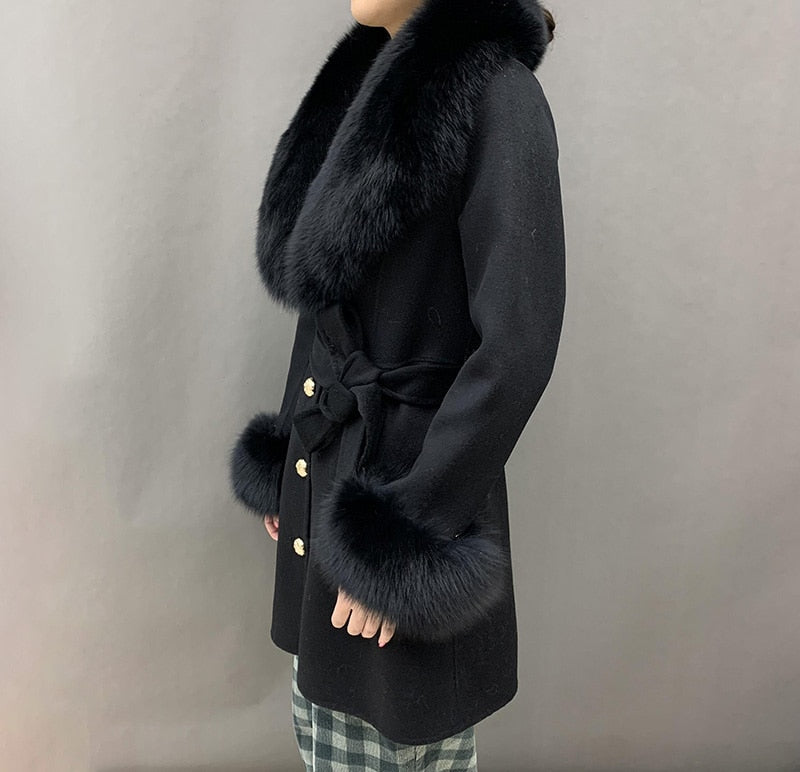 Soft Cashmere Coats Real Fur Long Collar & Cuffs