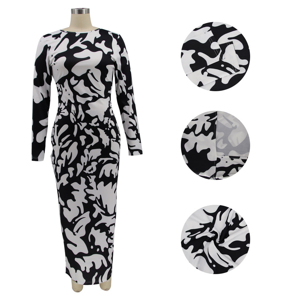 Leaf Print Long Sleeve O Neck Maxi Dress