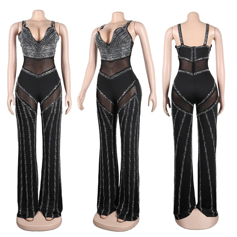 Diamonds Mesh Backless Flare Pants Jumpsuits