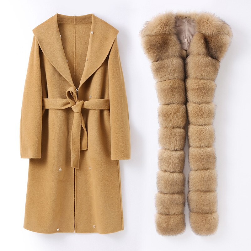 Cashmere Trench Coat Detachable Real Fur Long Collar