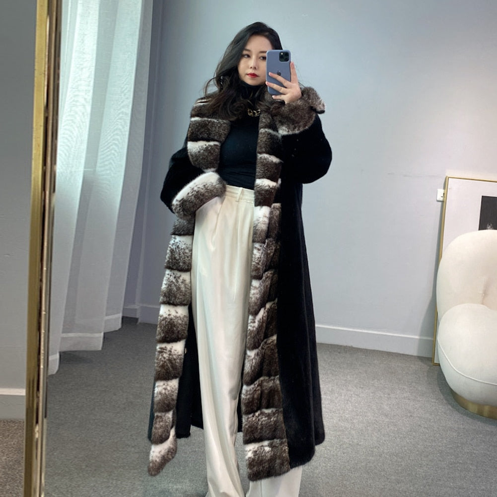 Black Mink Fur X-Long Coat Big Lapel Collar