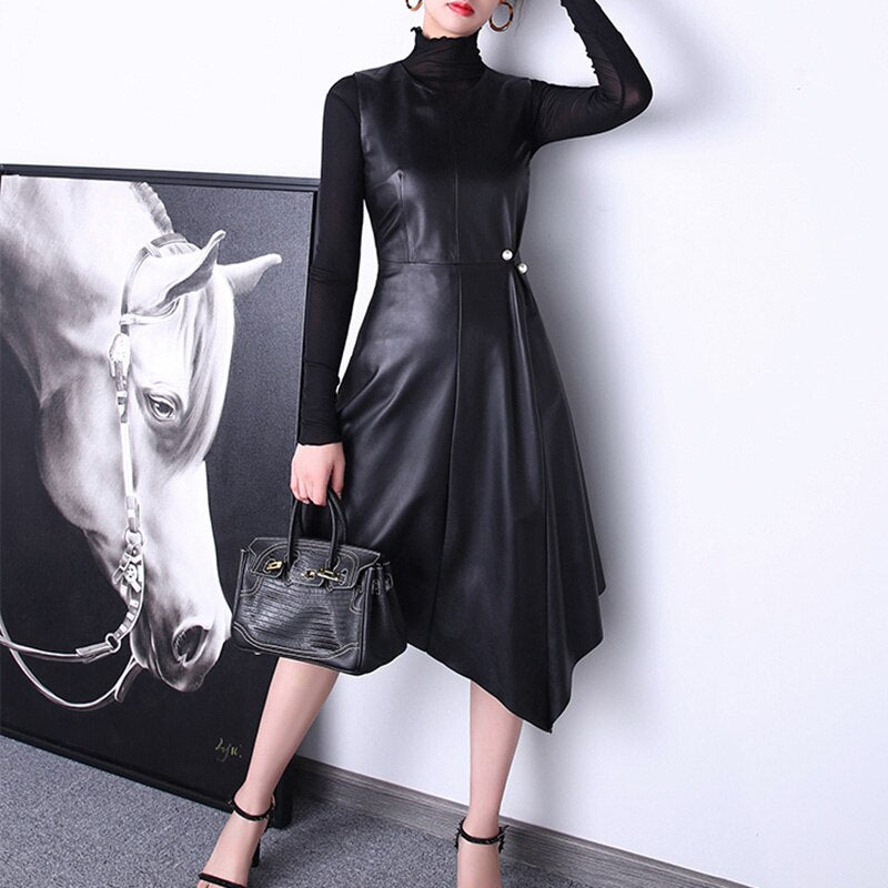 Genuine Leather Sleeveless Mid-Calf Dresses