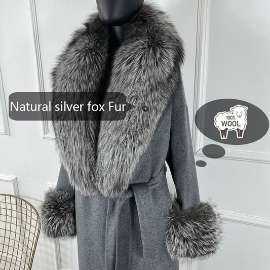 Cashmere Wool Long Coats Natural Fur Collar & Cuffs