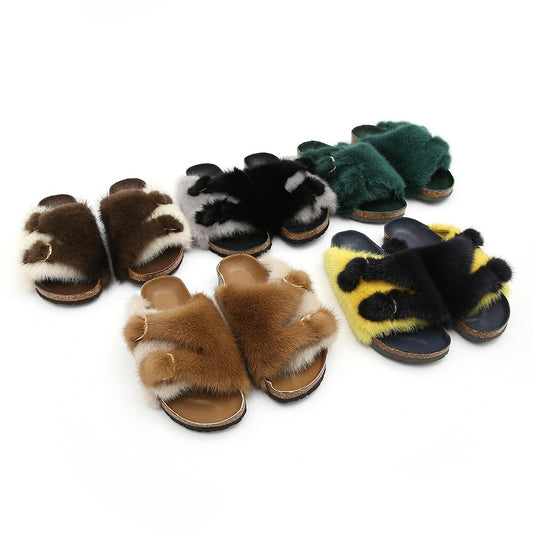 Real Mink Fur Slide Outdoor Flip Flops, Slipper