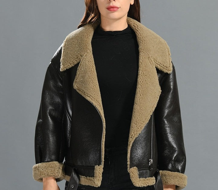 Genuine Leather Coat Shearling Fur Short Retro