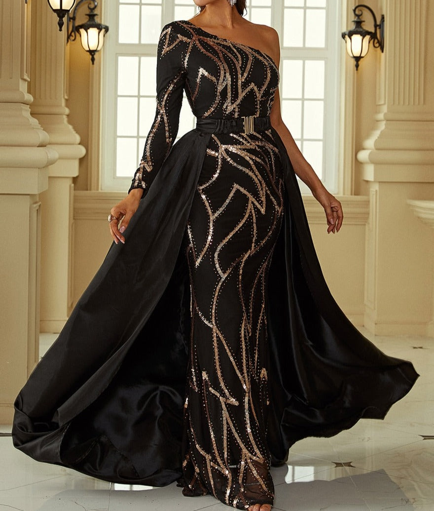 Black Gold Sequin One Shoulder Drape Dress