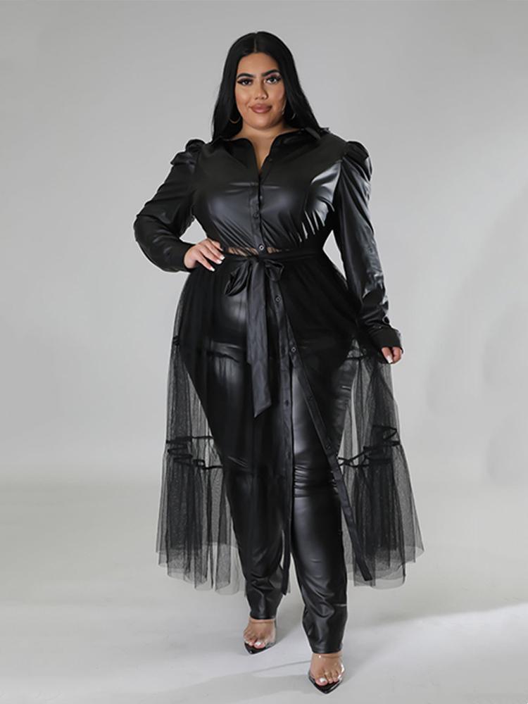Pu Leather Jumpsuit with Mesh Dress Plus Size