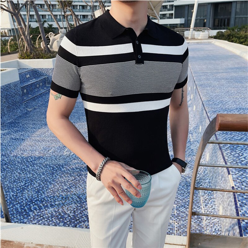 Knitted Stripe Short Sleeve Collar Shirts