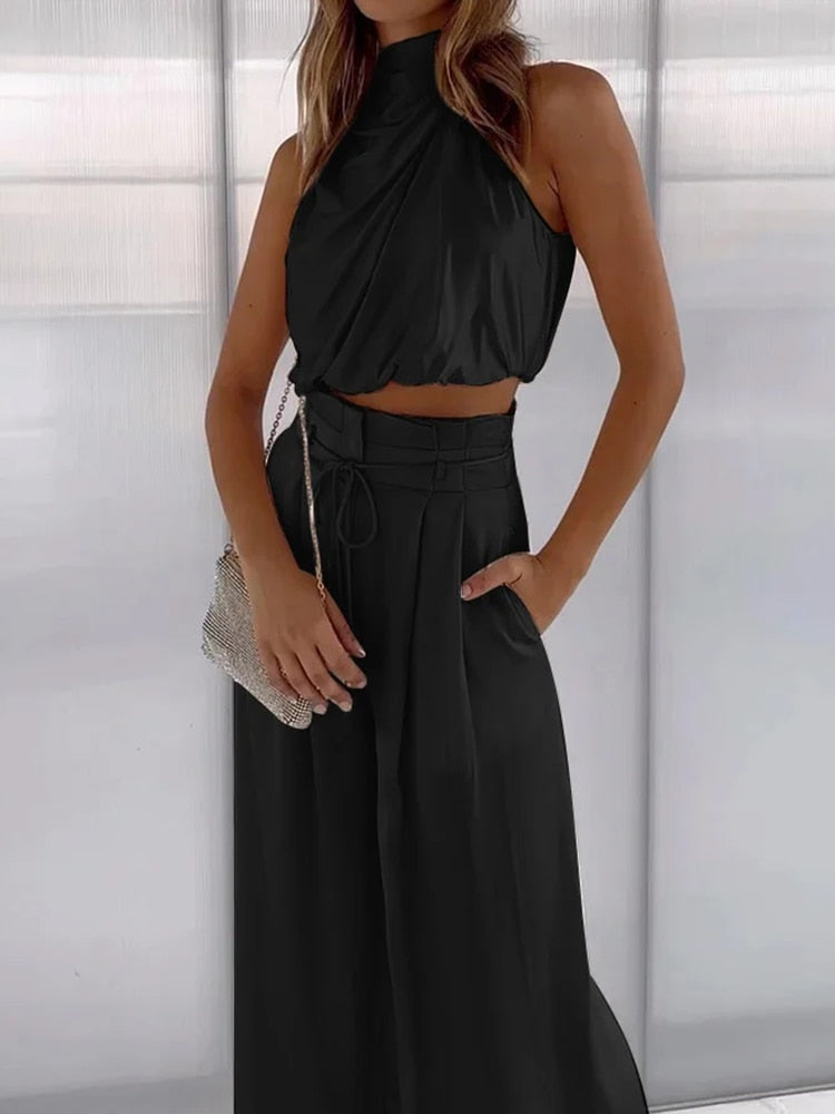 Silk Pleated Sleeveless Top & Wide Leg Pants Summer Sets