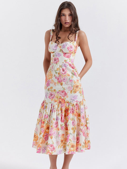 Floral Print Spaghetti Midi Dresses