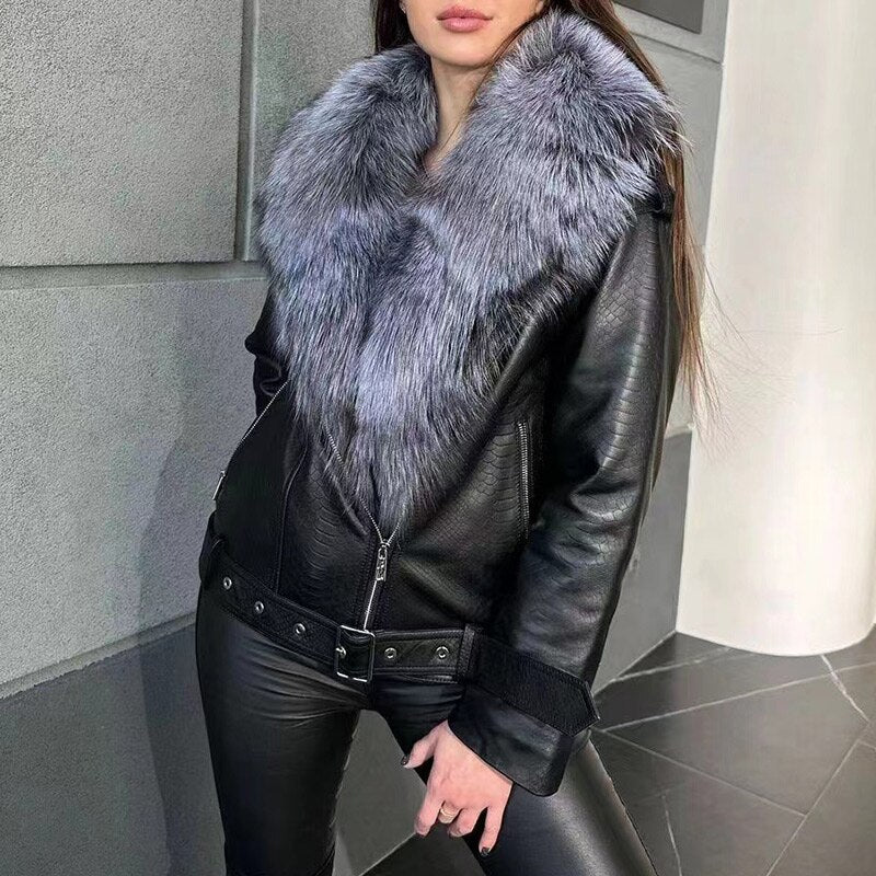 Reptile Genuine Leather Jacket Real Fox Fur Collar