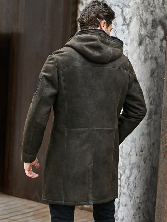 Genuine Leather Hooded Long Coat Real Fur Shearling