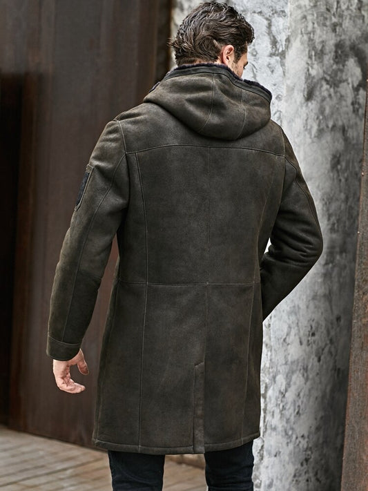 Genuine Leather Hooded Long Coat Real Fur Shearling