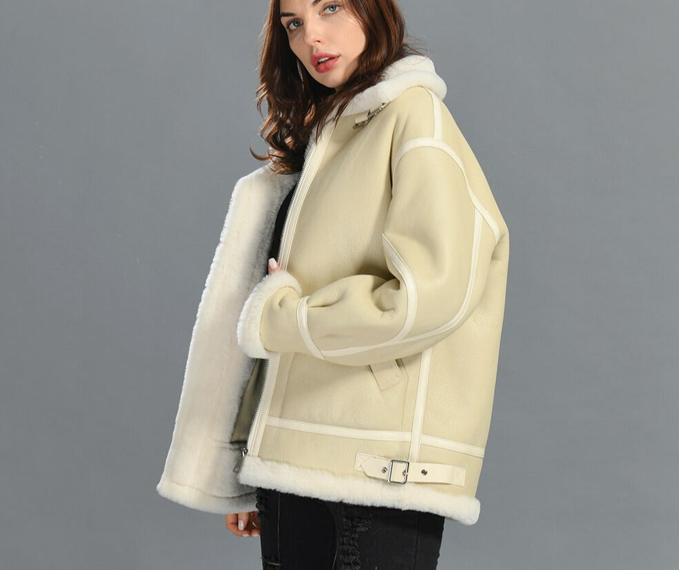 Cream Genuine Leather Coat Shearling Liner Oversized