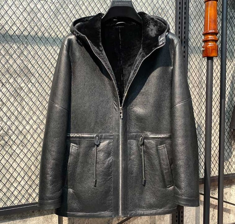 Genuine Leather Coats Black Real Shearling Fur Hooded
