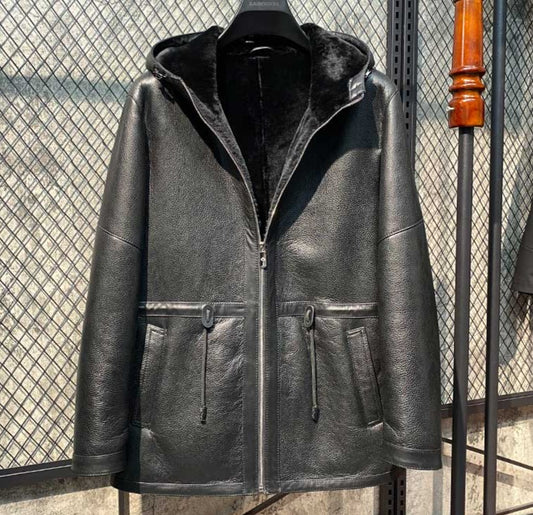 Genuine Leather Coats Black Real Shearling Fur Hooded