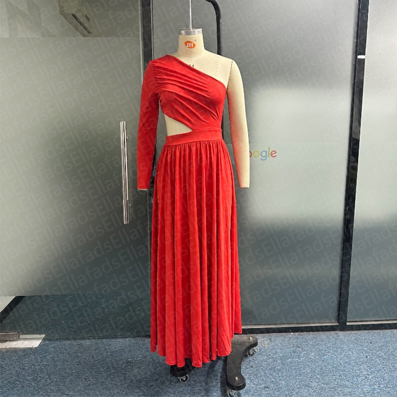 One Shoulder Long Sleeve Hollow Pleated Dress