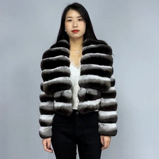 Big Collar Real Rabbit Fur Coat Chinchilla Style