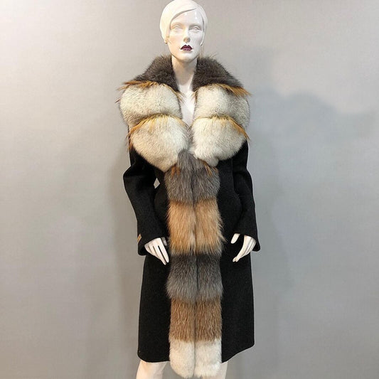 Cashmere Wool Coats Multi Real Fur Long Collar