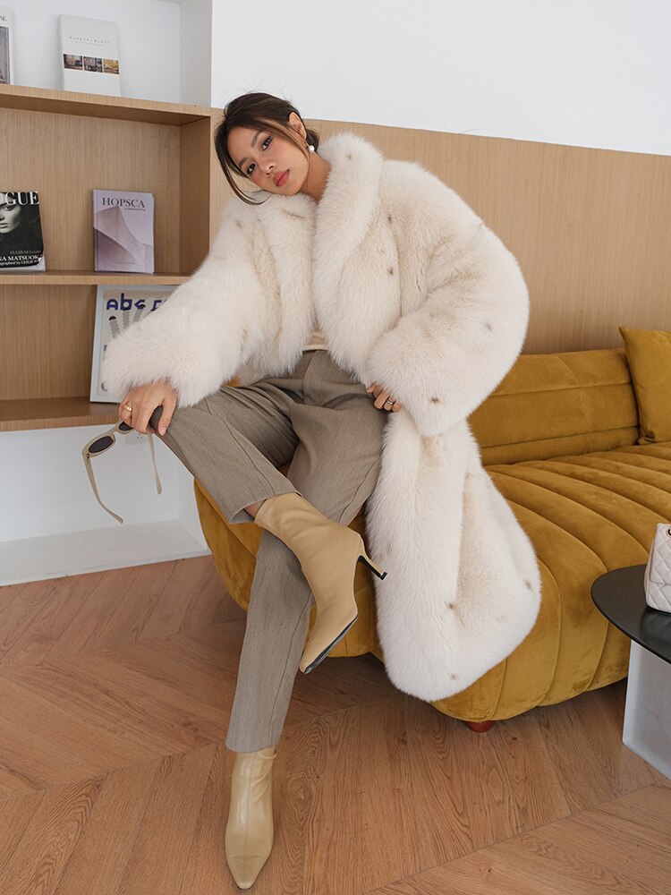 Luxury Polka Dot Real Fox Fur Long Coats