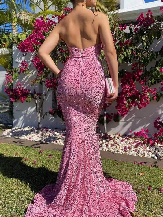 Pink Sequin Strapless Sleeveless Backless Maxi Dress