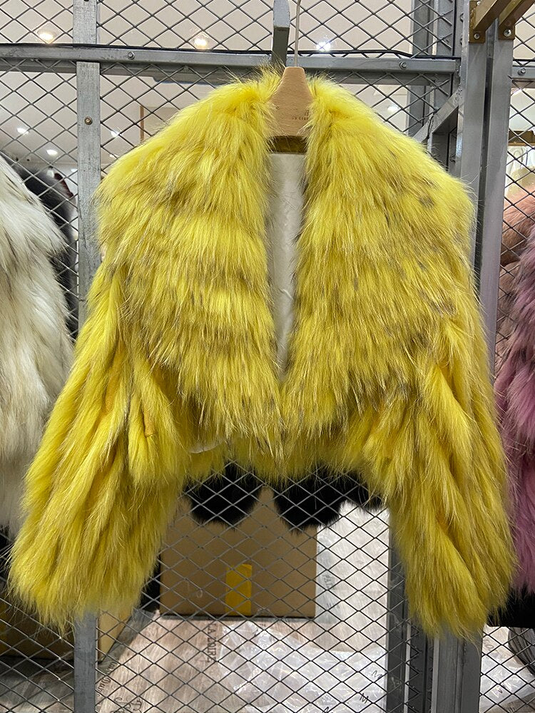 Knitted Real Fur Crop Coats Big Turn-down Collar